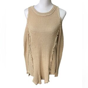 Saks Fifth Avenue Women Beige Knit Cold Shoulder Sweater 100% Cotton Top XS (E2)